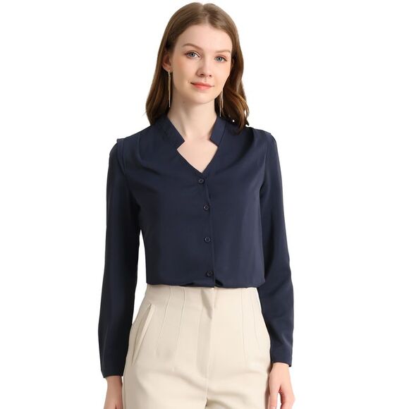 Blouse Button Up Long Sleeve V Neck Chiffon Shirt Navy Blue - Picture 1 of 6